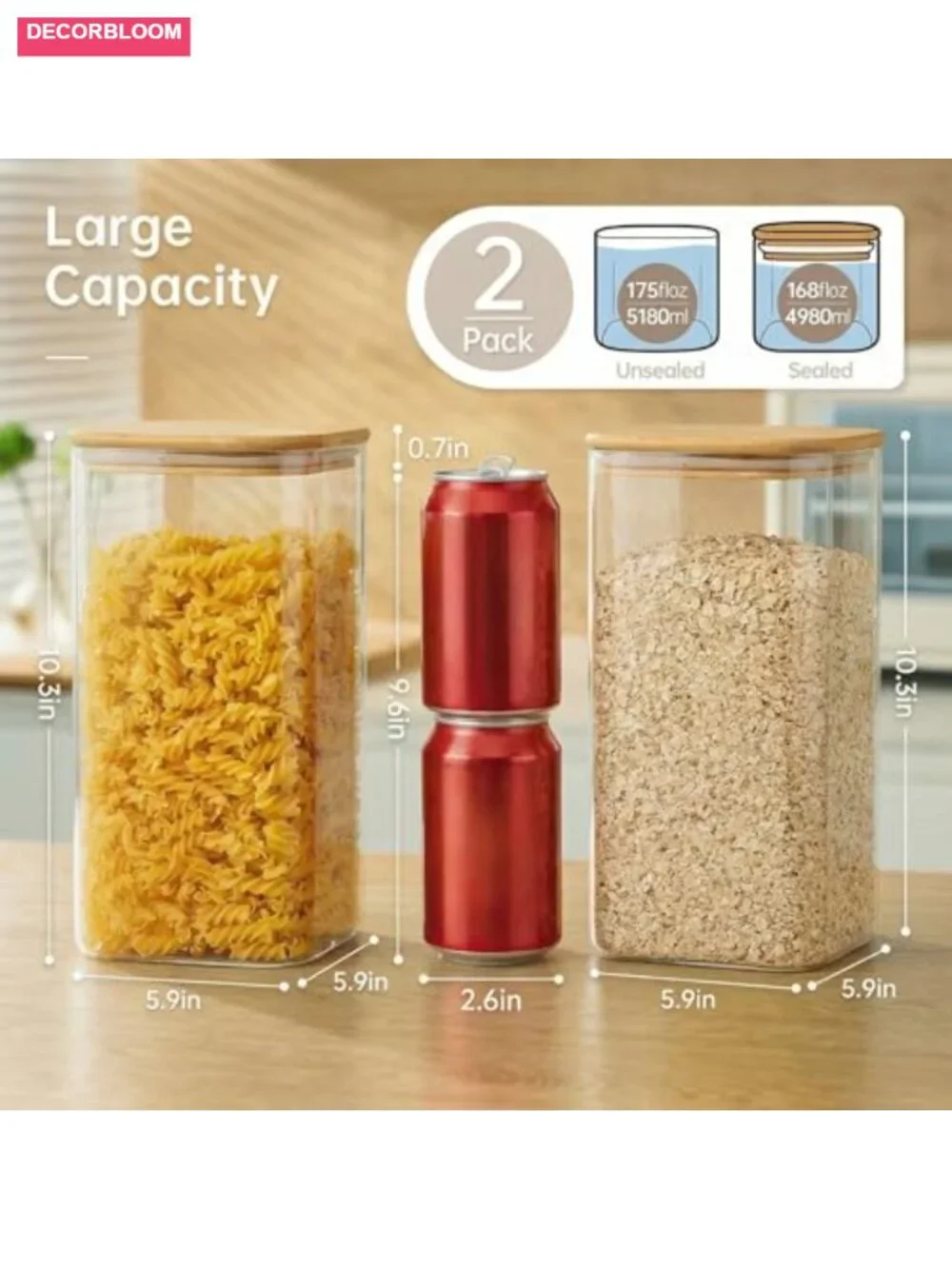 168oz Square Glass Storage Containers with Bamboo Lids Airtight Set of 2